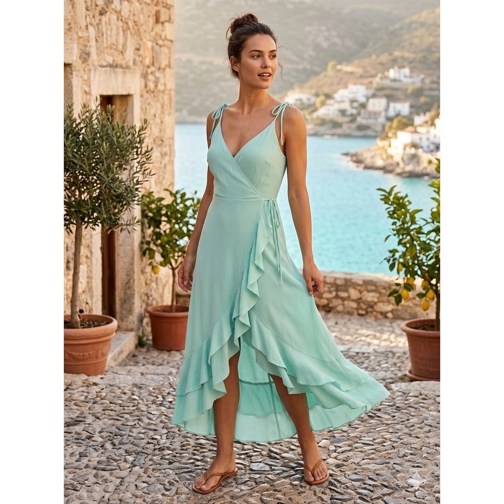 Maxi Wrap Dress Size L Mint Green Ruffle High-Low Cottagecore Coastal Romantic